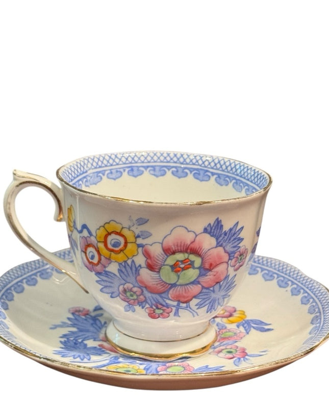 Vintage Royal Albert Blue Pink Floral Teacup Set Pattern #2247 Hand Decorated