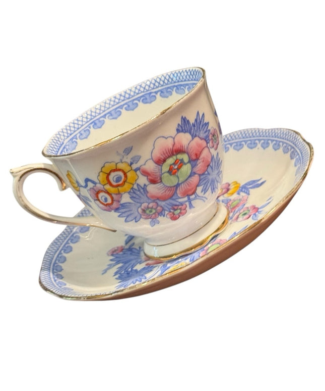 Vintage Royal Albert Blue Pink Floral Teacup Set Pattern #2247 Hand Decorated