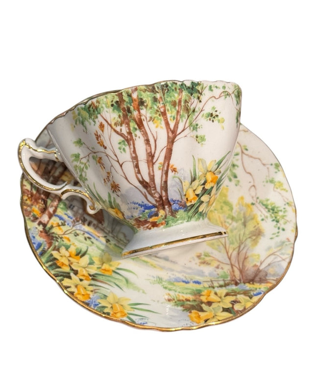 Vintage Hammersley Lorna Doone Bone China Teacup & Saucer Set floral trees