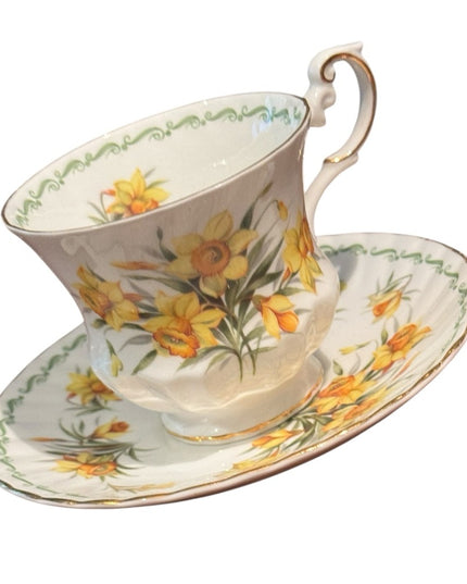 Queens Rosina Tea Cup and Saucer Yellow Daffodil Floral Tea Cups Vintage