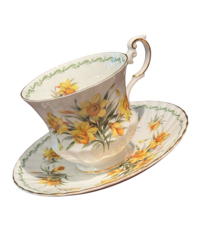 Queens Rosina Tea Cup and Saucer Yellow Daffodil Floral Tea Cups Vintage