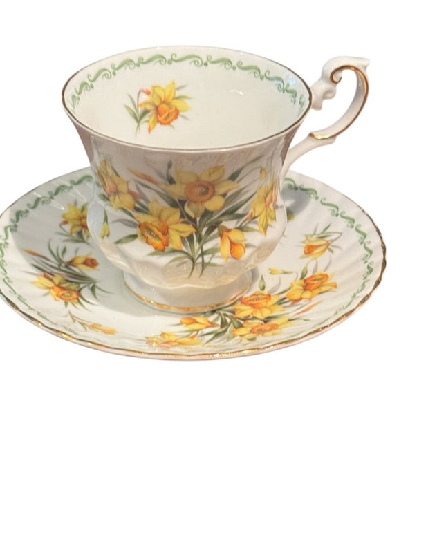 Queens Rosina Tea Cup and Saucer Yellow Daffodil Floral Tea Cups Vintage