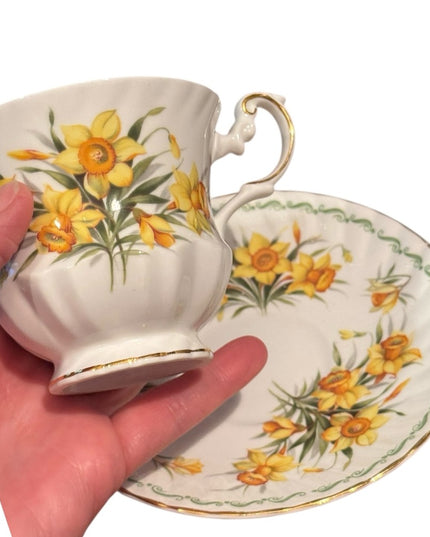 Queens Rosina Tea Cup and Saucer Yellow Daffodil Floral Tea Cups Vintage
