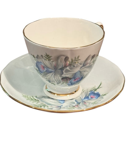 COLCLOUGH CHINA TEA CUP SAUCER Pale Blue IRIS/IRISES GOLD Ridgway Potteries 8101