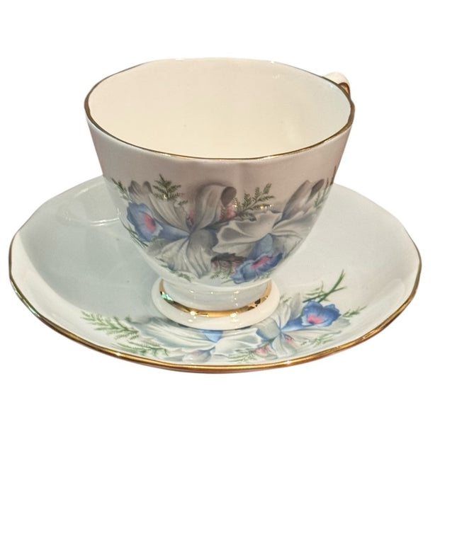 COLCLOUGH CHINA TEA CUP SAUCER Pale Blue IRIS/IRISES GOLD Ridgway Potteries 8101