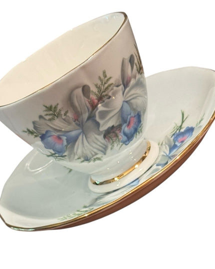 COLCLOUGH CHINA TEA CUP SAUCER Pale Blue IRIS/IRISES GOLD Ridgway Potteries 8101