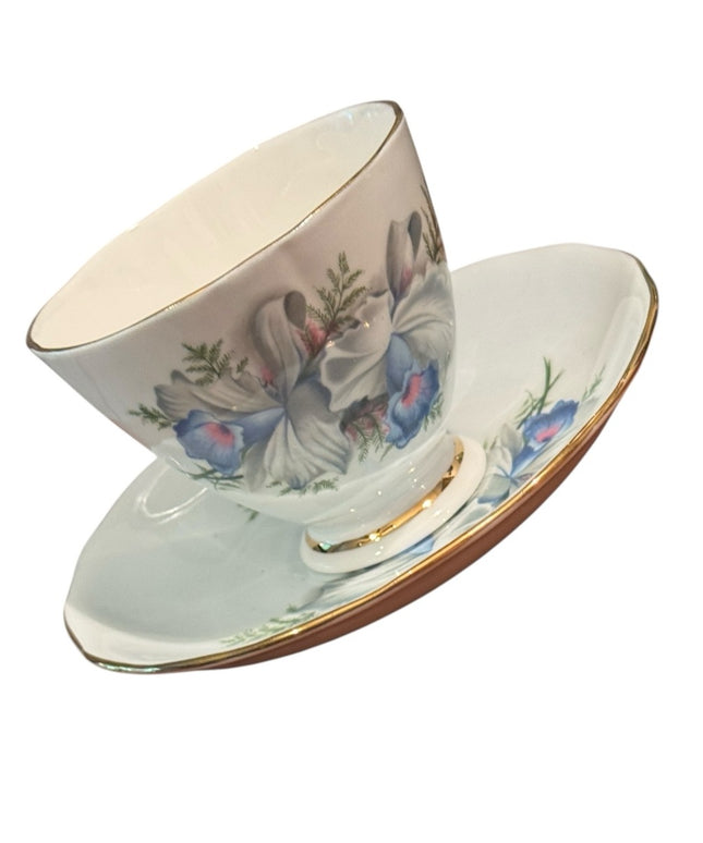 COLCLOUGH CHINA TEA CUP SAUCER Pale Blue IRIS/IRISES GOLD Ridgway Potteries 8101
