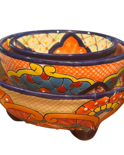 Talavera Mexican Pottery MultiColor Salsa Bowls with Legs Colorful Pottery SET 3