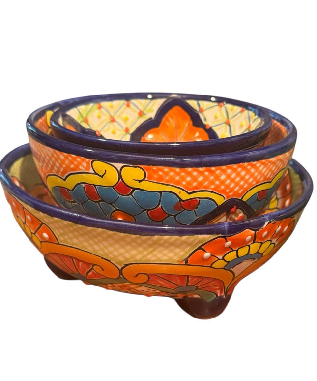 Talavera Mexican Pottery MultiColor Salsa Bowls with Legs Colorful Pottery SET 3