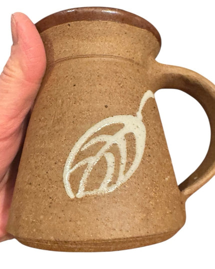 Handcrafted signed Brown Ceramic pottery Mug with Leaf Design