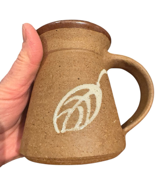 Handcrafted signed Brown Ceramic pottery Mug with Leaf Design