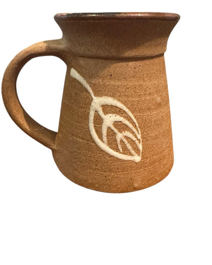 Handcrafted signed Brown Ceramic pottery Mug with Leaf Design