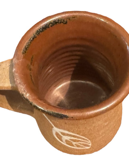 Handcrafted signed Brown Ceramic pottery Mug with Leaf Design