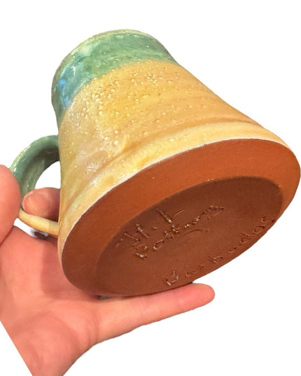 Handmade ceramic pottery sage Green and yellow Mug signed Barbados