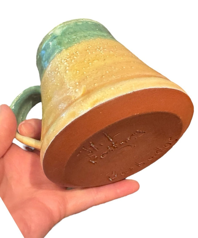 Handmade ceramic pottery sage Green and yellow Mug signed Barbados