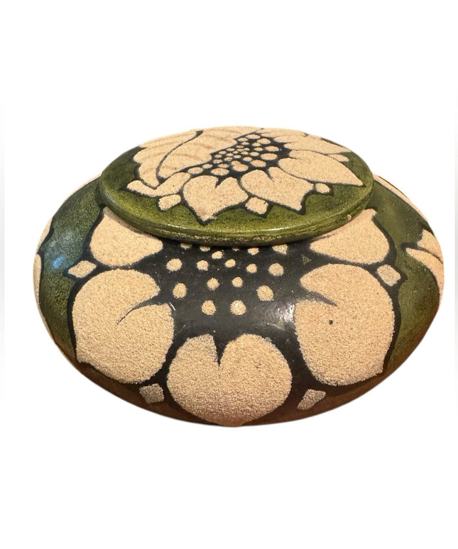 Artistic Handmade Pottery Ceramic Sage Green Urn Trinket Floral Design