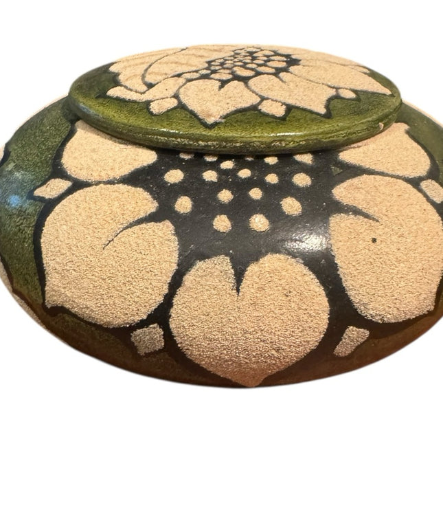 Artistic Handmade Pottery Ceramic Sage Green Urn Trinket Floral Design
