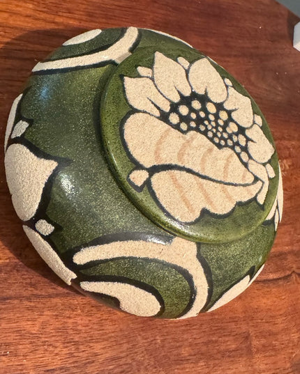 Artistic Handmade Pottery Ceramic Sage Green Urn Trinket Floral Design