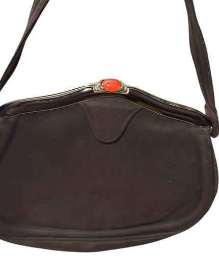 Antique Black Suede Leather Carnelian Marcasite Victorian Handbag Wristlet