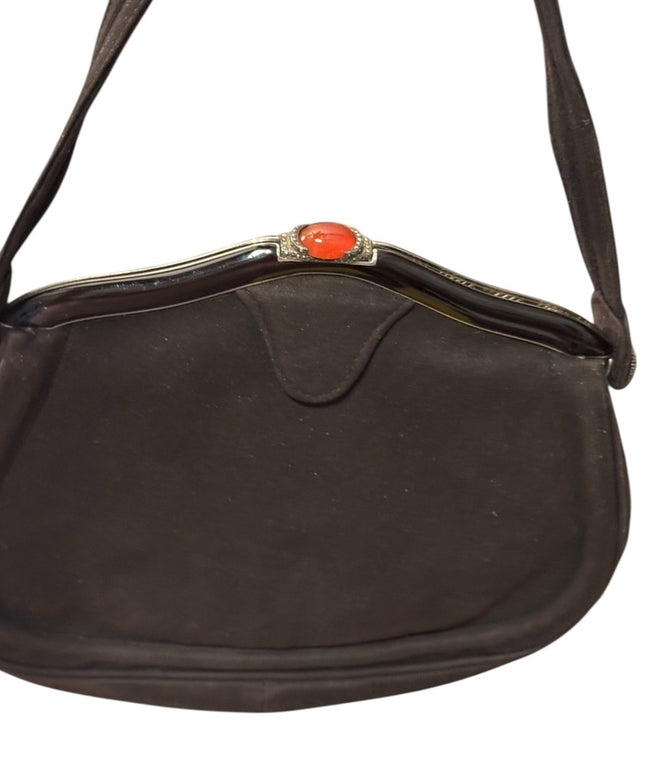 Antique Black Suede Leather Carnelian Marcasite Victorian Handbag Wristlet