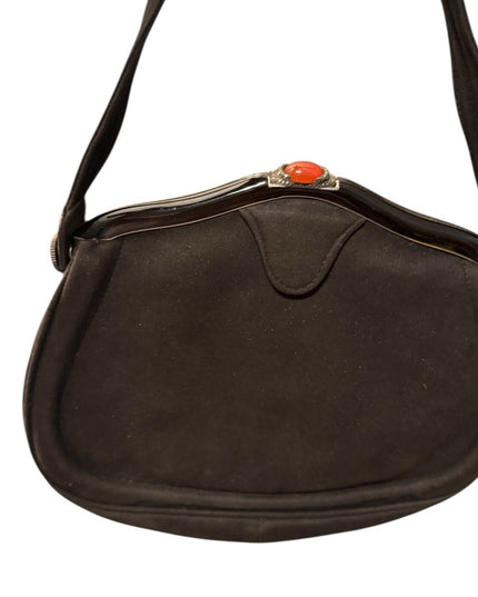 Antique Black Suede Leather Carnelian Marcasite Victorian Handbag Wristlet