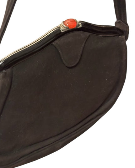 Antique Black Suede Leather Carnelian Marcasite Victorian Handbag Wristlet