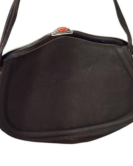 Antique Black Suede Leather Carnelian Marcasite Victorian Handbag Wristlet
