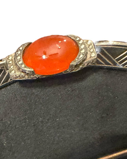 Antique Black Suede Leather Carnelian Marcasite Victorian Handbag Wristlet