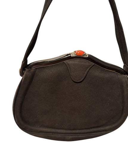 Antique Black Suede Leather Carnelian Marcasite Victorian Handbag Wristlet