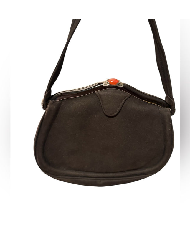 Antique Black Suede Leather Carnelian Marcasite Victorian Handbag Wristlet