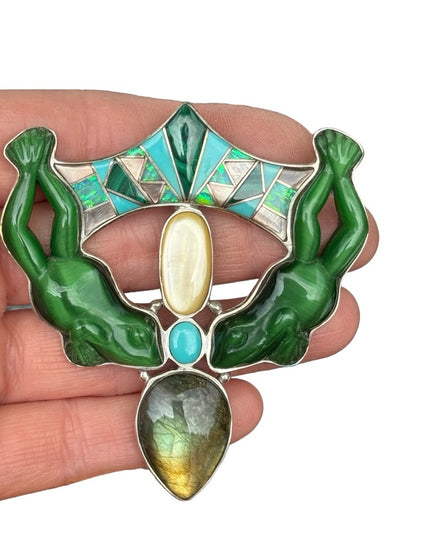 RARE  Sajen 925 Sterling silver brooch pendant gemstone inlay frog state…