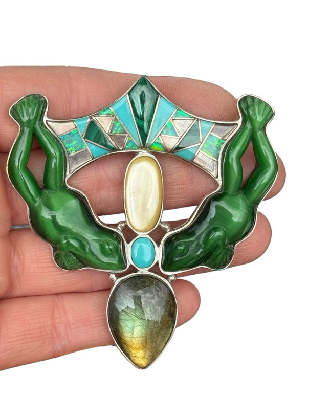 RARE  Sajen 925 Sterling silver brooch pendant gemstone inlay frog state…