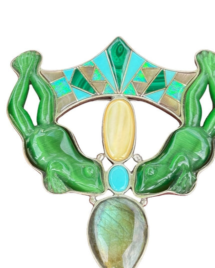 RARE  Sajen 925 Sterling silver brooch pendant gemstone inlay frog state…