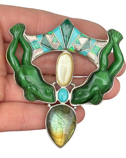RARE  Sajen 925 Sterling silver brooch pendant gemstone inlay frog state…