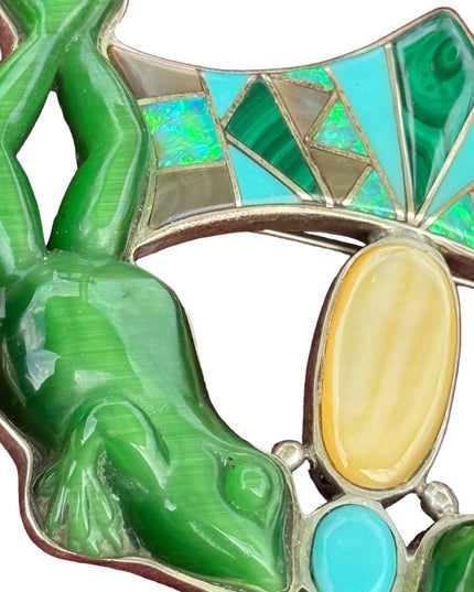 RARE  Sajen 925 Sterling silver brooch pendant gemstone inlay frog state…