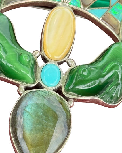 RARE  Sajen 925 Sterling silver brooch pendant gemstone inlay frog state…