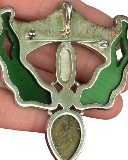 RARE  Sajen 925 Sterling silver brooch pendant gemstone inlay frog state…