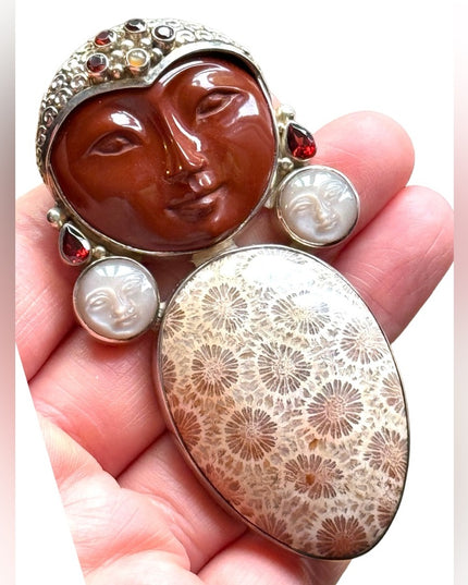 RARE Sajen sterling silver Goddess Brooch pendant Jasper moonface garnet