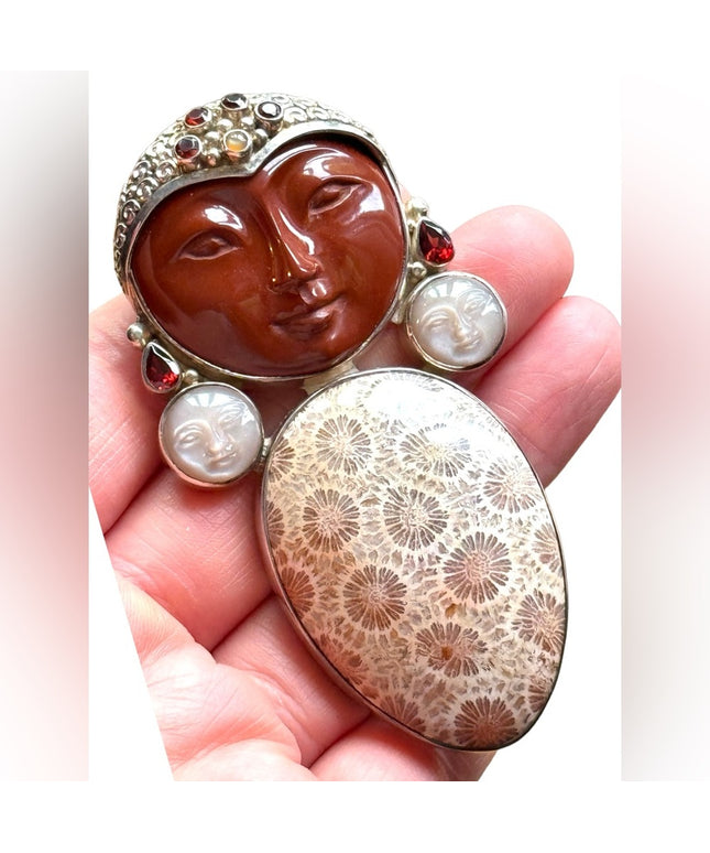 RARE Sajen sterling silver Goddess Brooch pendant Jasper moonface garnet