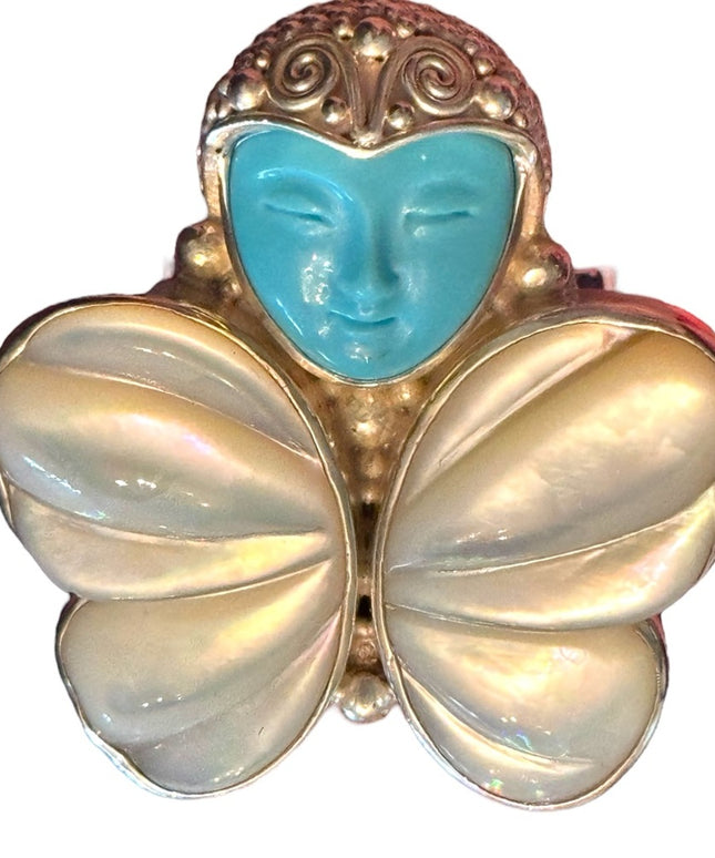 RARE Sajen Sterling silver ring goddess Restored turquoise & mop butterf…