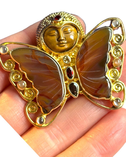 RARE Sajen Agate BUTTERFLY GODDESS  garnet GP sterling silver Brooch pen…