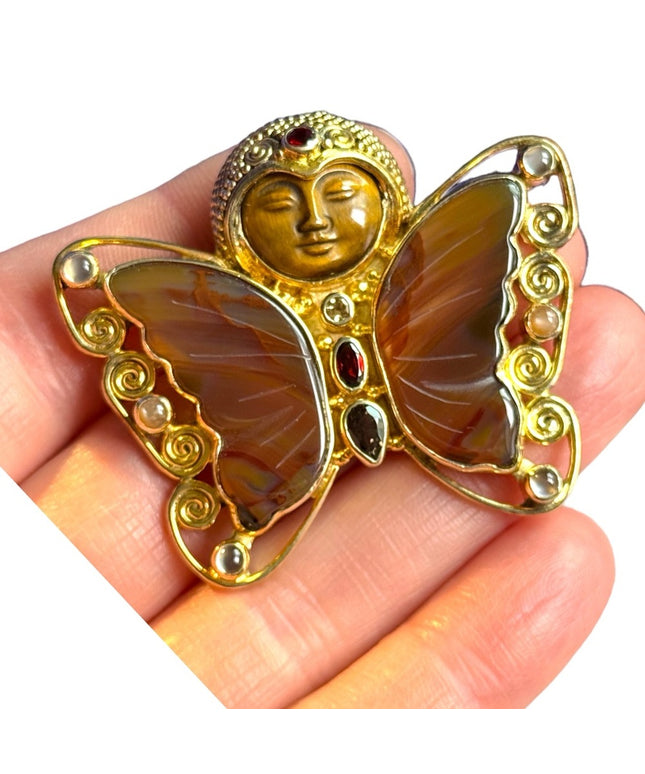 RARE Sajen Agate BUTTERFLY GODDESS  garnet GP sterling silver Brooch pen…