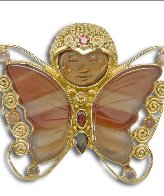 RARE Sajen Agate BUTTERFLY GODDESS  garnet GP sterling silver Brooch pen…