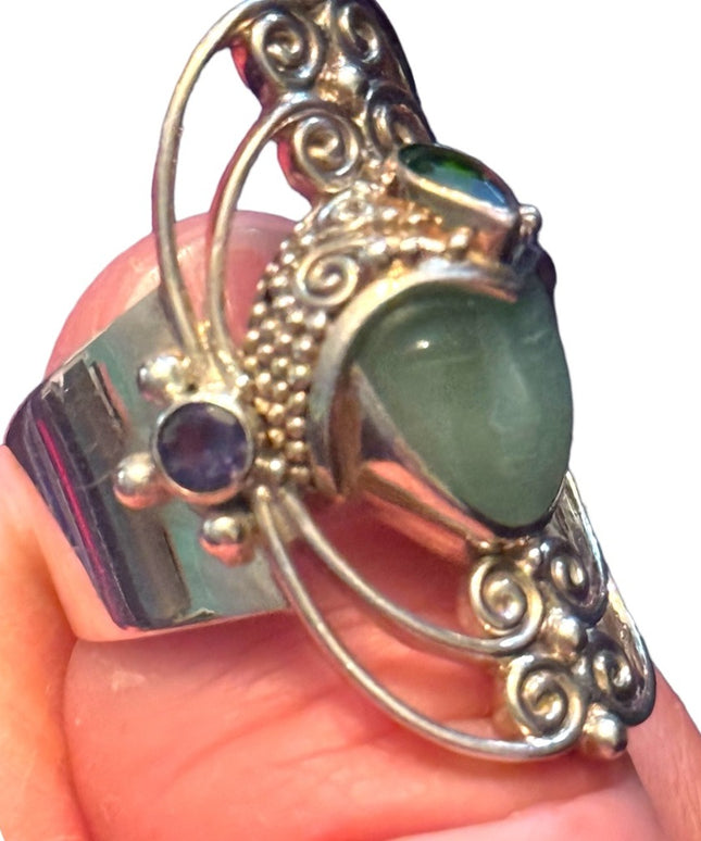 RARE Sajen Sterling silver ring goddess GREEN QUARTZITE RAINBOW Teal QUA…