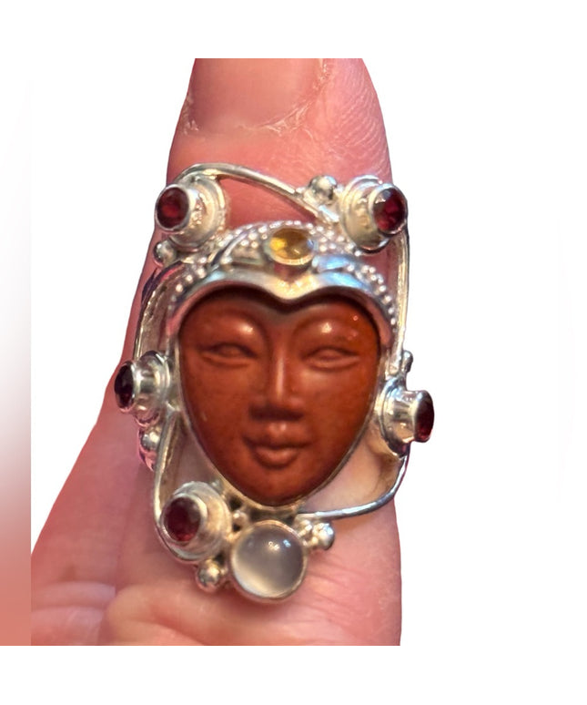 RARE Sajen Sterling silver ring goddess red jasper garnet moomstone Bale…