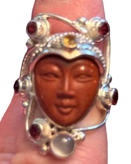 RARE Sajen Sterling silver ring goddess red jasper garnet moomstone Bale…
