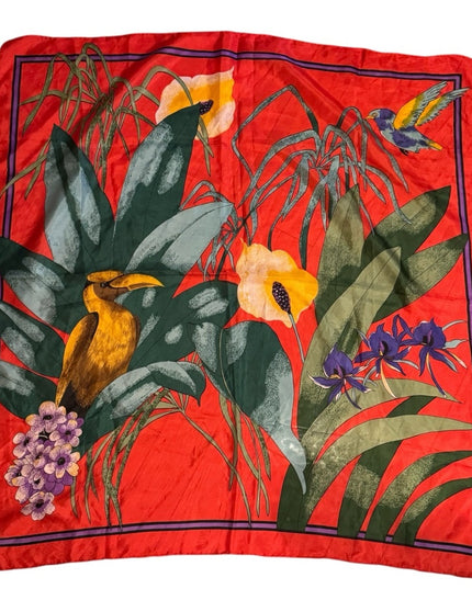 Tropical Red Silk Scarf with Bird and Floral Design