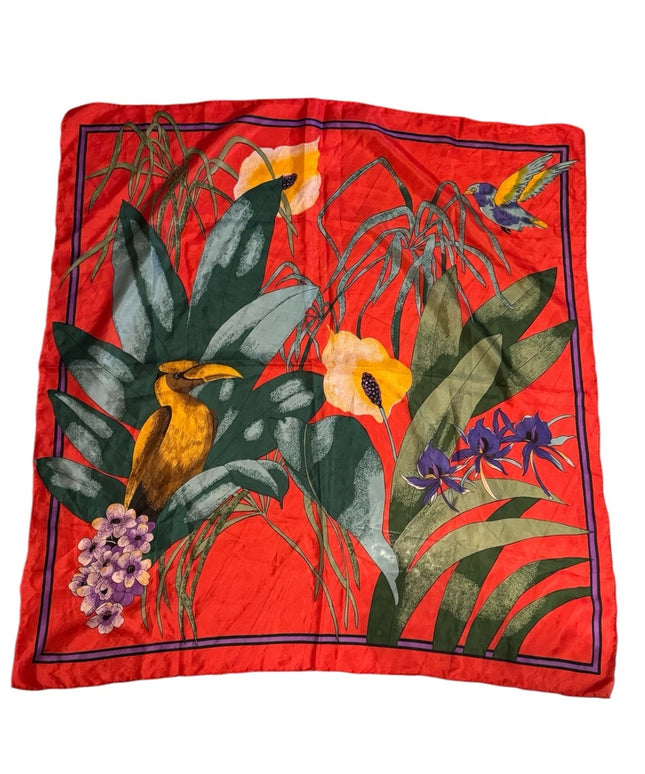 Tropical Red Silk Scarf with Bird and Floral Design
