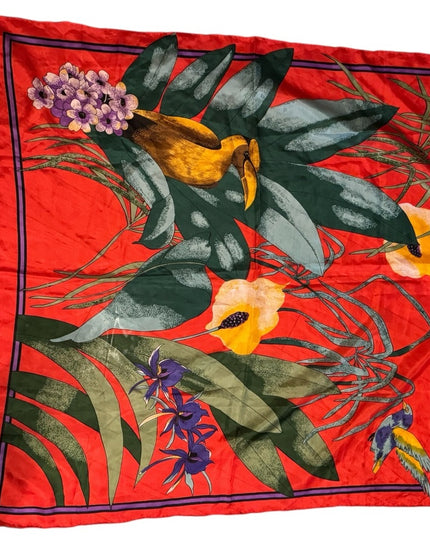 Tropical Red Silk Scarf with Bird and Floral Design