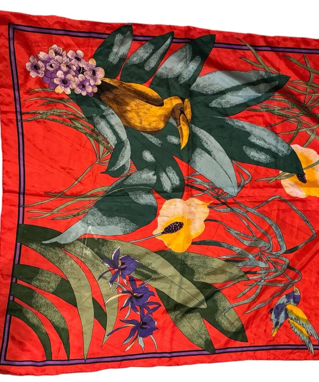 Tropical Red Silk Scarf with Bird and Floral Design